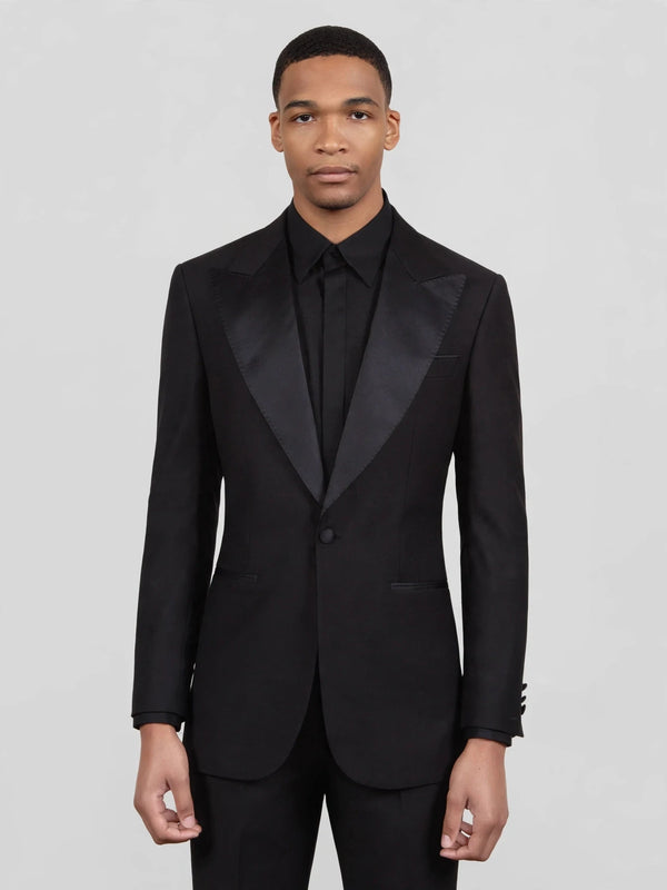 Onyx Smooth Pick-Stitch Jetted-Pocket Peak-Lapel Tuxedo Jacket 04