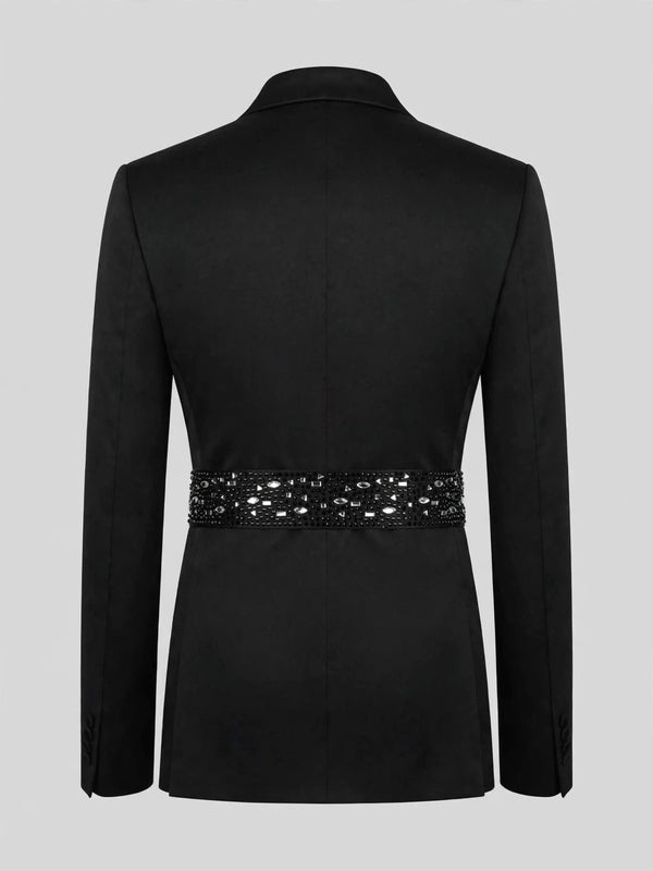 Onyx Silver Crystal Belted Shawl-Collar Double-Breasted Tuxedo Jacket 09