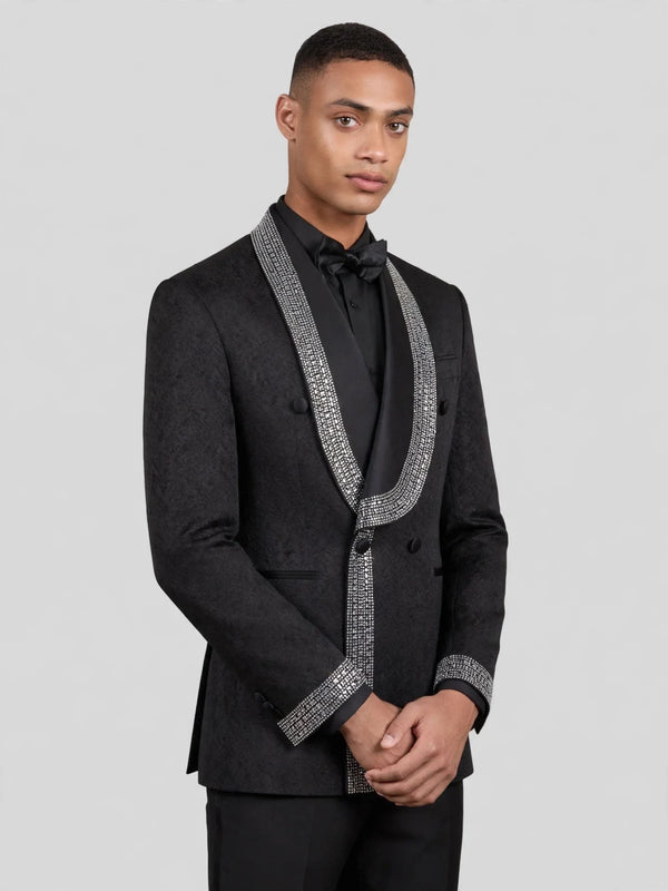 Onyx Silver Crystal-Grid Shawl-Collar Double-Breasted Tuxedo Jacket 06