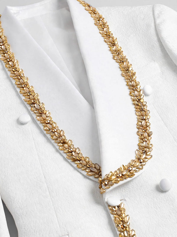 Ivory Gold Crystal-Trim Shawl-Collar Double-Breasted Tuxedo Jacket 08