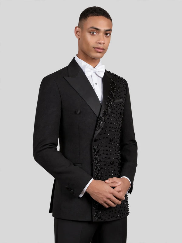 Onyx Jet Half-Bead Diagonal Peak-Lapel Double-Breasted Tuxedo Jacket 03