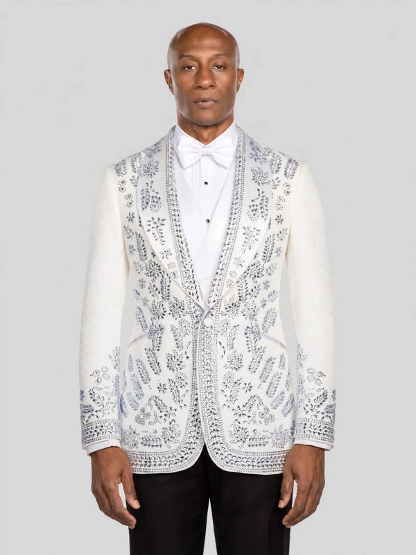 Ivory Silver Crystal Floral Shawl-Collar Tuxedo Jacket - cover