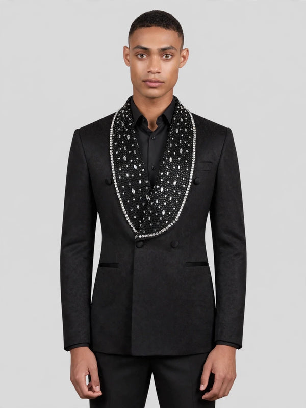 Onyx Silver Crystal-Scatter Beaded Shawl-Collar Double-Breasted Tuxedo Jacket 04
