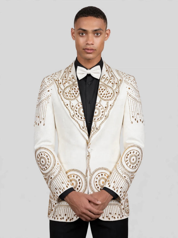 Ivory Gold Crystal Mandala Peak-Lapel Tuxedo Jacket 05