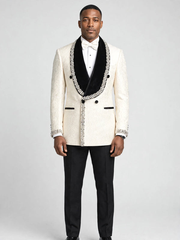 Cream Silver Crystal Velvet Shawl-Collar Double-Breasted Tuxedo Jacket - cover