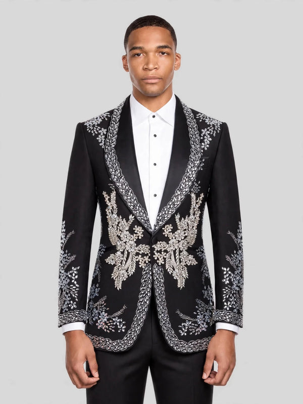 Onyx Silver Crystal Bouquet Shawl-Collar Tuxedo Jacket 01