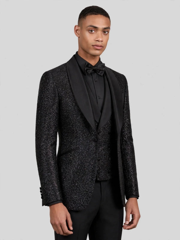 Onyx Glitter-Tweed Satin Shawl-Collar Tuxedo Jacket 06