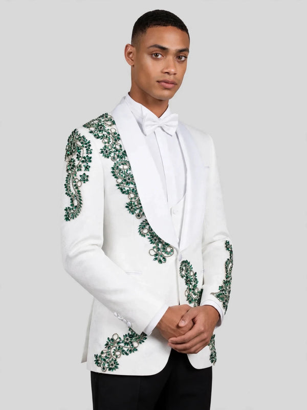 Ivory Emerald Crystal Vine Shawl-Collar Tuxedo Jacket 03