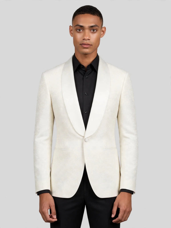 Ivory Textured Satin Shawl-Collar Tuxedo Jacket 04