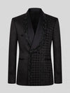 Onyx Jet Floral-Grid Asymmetric Shawl-Collar Double-Breasted Tuxedo Jacket 07
