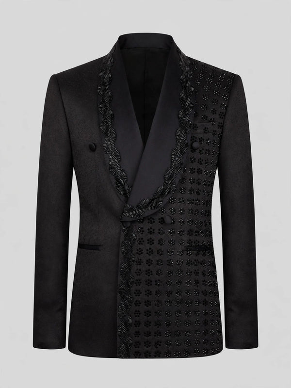 Onyx Jet Floral-Grid Asymmetric Shawl-Collar Double-Breasted Tuxedo Jacket 07