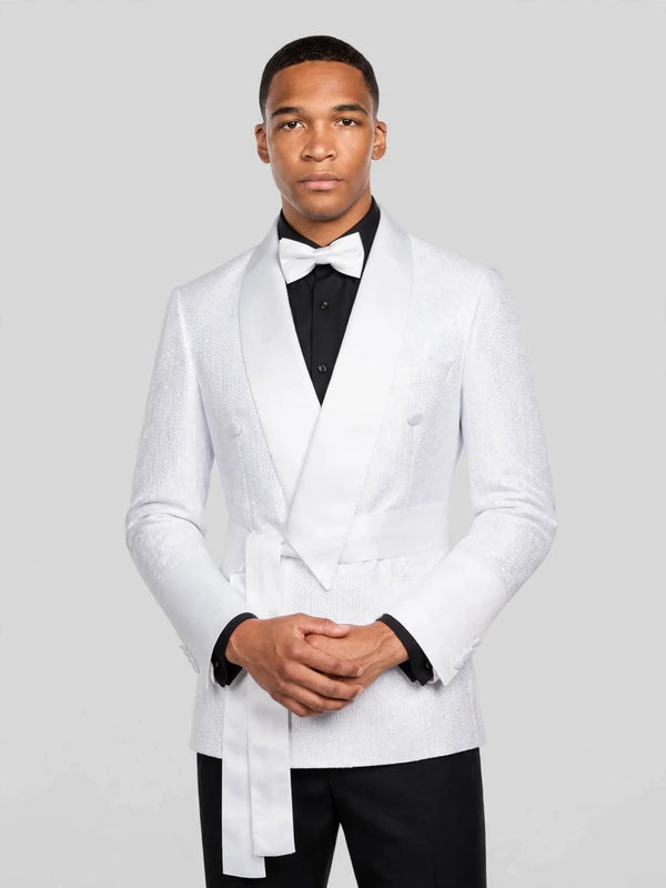 Snow White Micro-Dot Satin Shawl-Collar Belted Double-Breasted Tuxedo Jacket 05