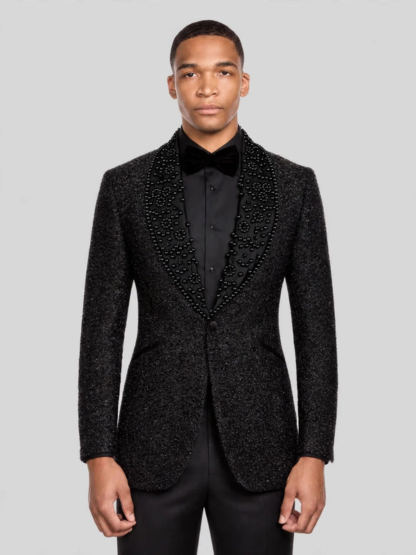 Onyx Jet Floral Shawl-Collar Tuxedo Jacket 06