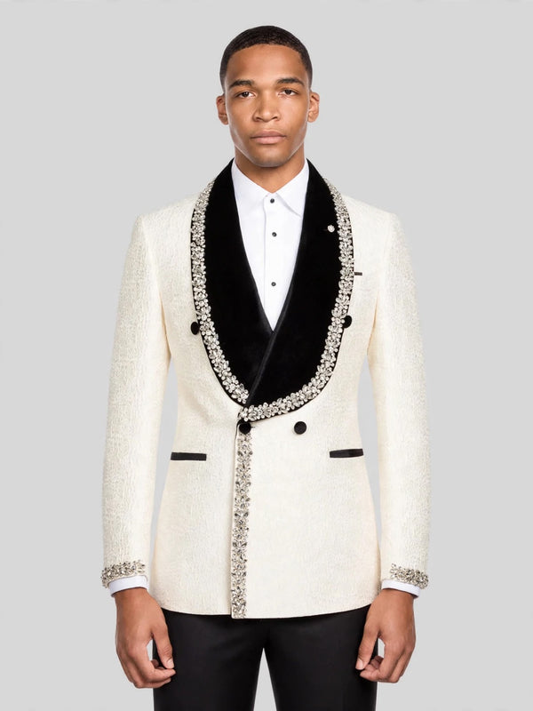 Cream Silver Crystal Velvet Shawl-Collar Double-Breasted Tuxedo Jacket 01