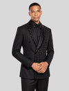 Onyx Jet Floral-Grid Asymmetric Shawl-Collar Double-Breasted Tuxedo Jacket 06