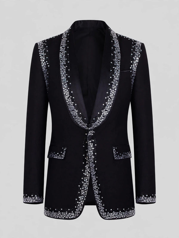 Onyx Silver Crystal Perimeter Shawl-Collar Tuxedo Jacket 07