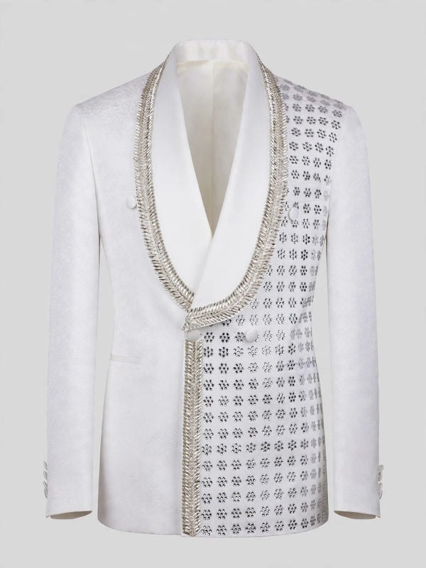 Ivory Silver Rope-Trim Crystal-Grid Shawl-Collar Double-Breasted Tuxedo Jacket 07