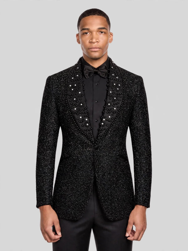 Onyx Crystal Scatter Shawl-Collar Tuxedo Jacket 06