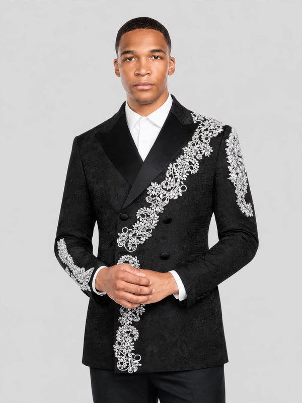 Onyx Silver Crystal Cascade Double-Breasted Tuxedo Jacket 01
