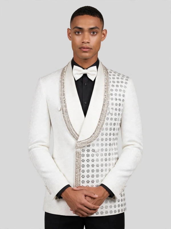 Ivory Silver Rope-Trim Crystal-Grid Shawl-Collar Double-Breasted Tuxedo Jacket 05