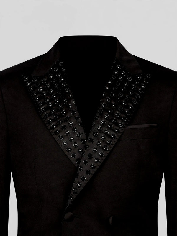 Onyx Jet Beaded-Grid Peak-Lapel Double-Breasted Tuxedo Jacket 08