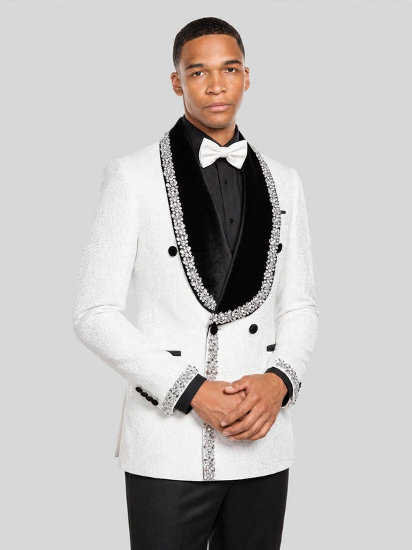 Ivory Silver Crystal Velvet Shawl-Collar Double-Breasted Tuxedo Jacket 05