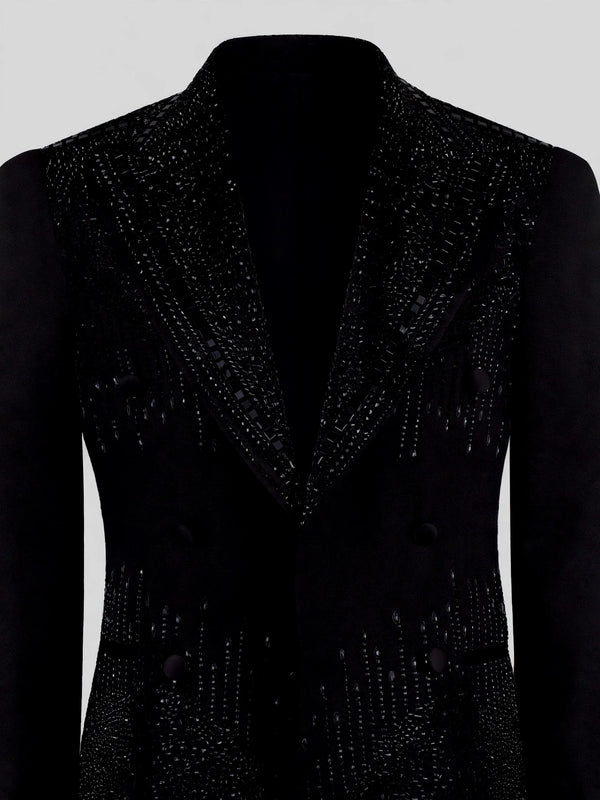Onyx Jet Beaded Drip Peak-Lapel Double-Breasted Tuxedo Jacket 08