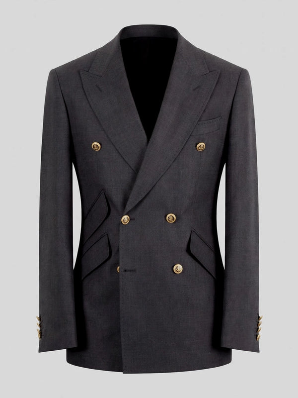 Charcoal Grey Gold-Button Slant-Flap Peak-Lapel Double-Breasted Suit Jacket 07