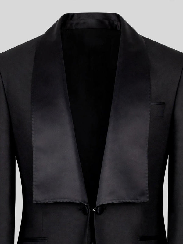 Onyx Square-End Satin Shawl-Collar Link-Front Tuxedo Jacket 08