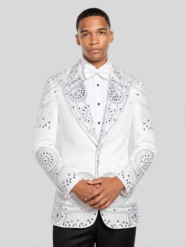 Ivory Silver Crystal Medallion Peak-Lapel Tuxedo Jacket 03