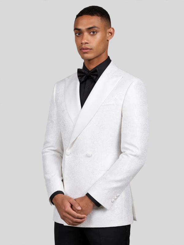 Snow White Paisley-Jacquard Satin Peak-Lapel Two-Button Double-Breasted Tuxedo Jacket 06