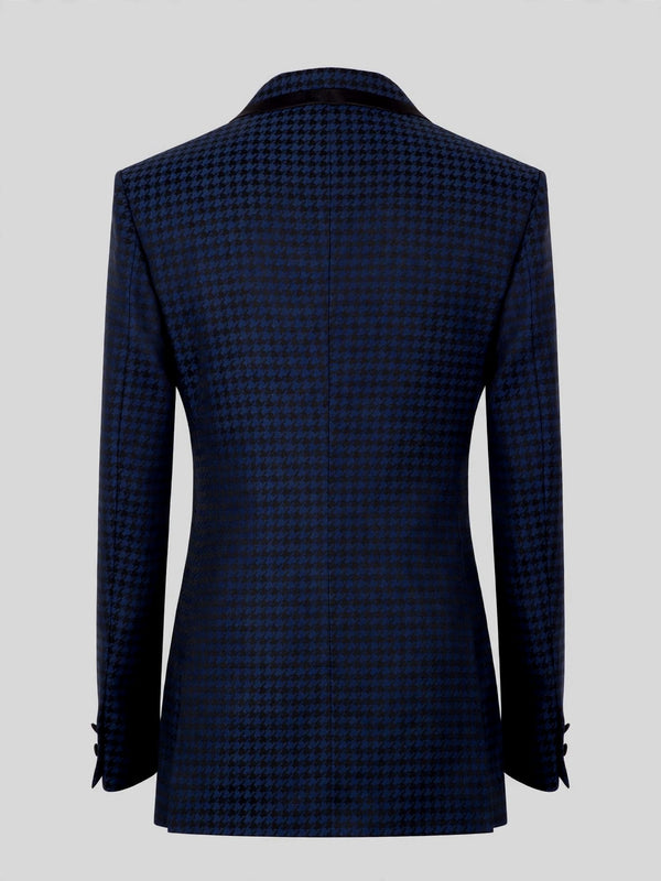 Navy Black Houndstooth Satin Peak-Lapel Double-Breasted Tuxedo Jacket 09
