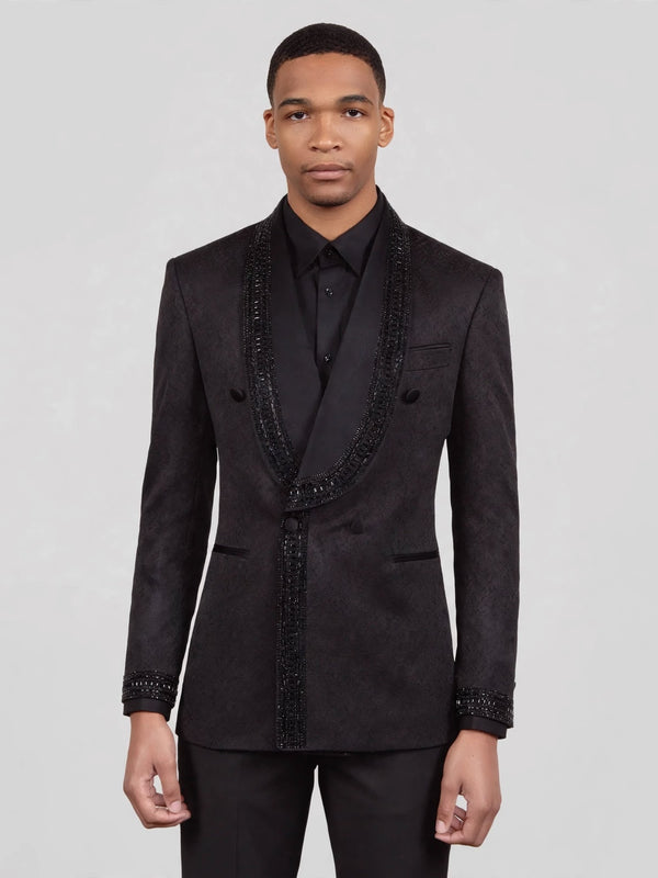 Onyx Jet Beaded-Trim Shawl-Collar Double-Breasted Tuxedo Jacket 04