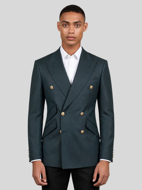 Slate Teal Gold-Button Slant-Flap Peak-Lapel Double-Breasted Suit Jacket 01