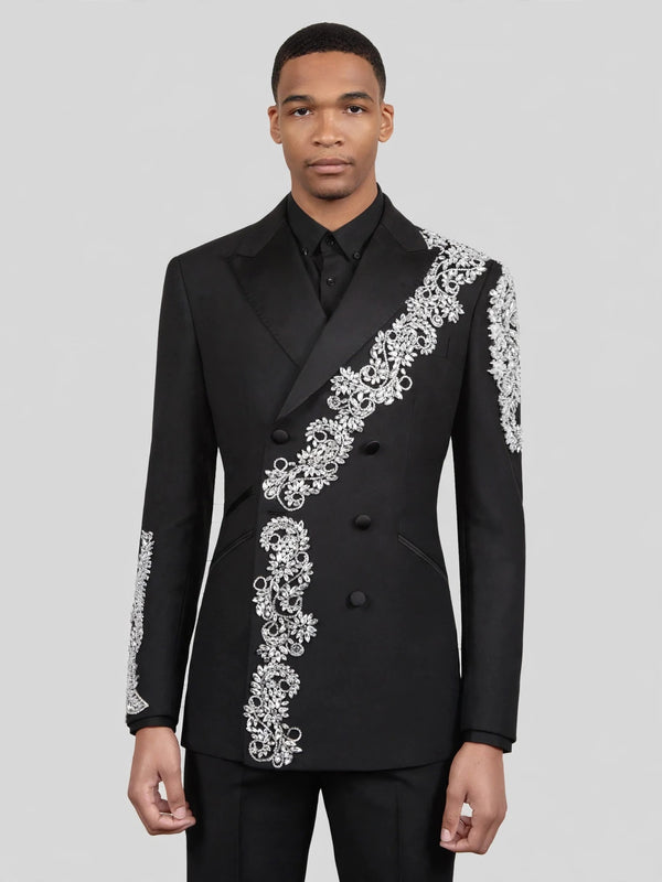 Onyx Silver Crystal Cascade Double-Breasted Tuxedo Jacket 04