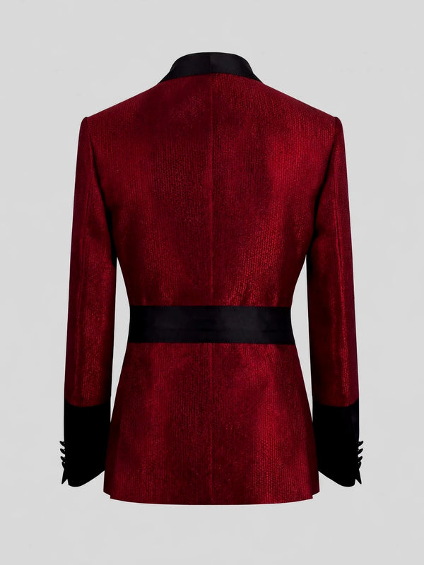 Crimson Shimmer Satin Shawl-Collar Sash-Belt Two-Button Double-Breasted Tuxedo Jacket 09