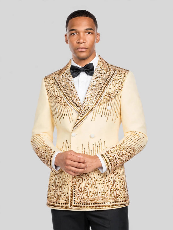 Cream Gold Crystal Cascade Peak-Lapel Double-Breasted Tuxedo Jacket 02