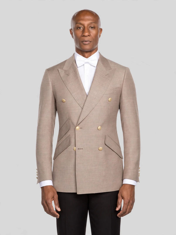 Taupe Gold-Button Slant-Flap Peak-Lapel Double-Breasted Suit Jacket - cover
