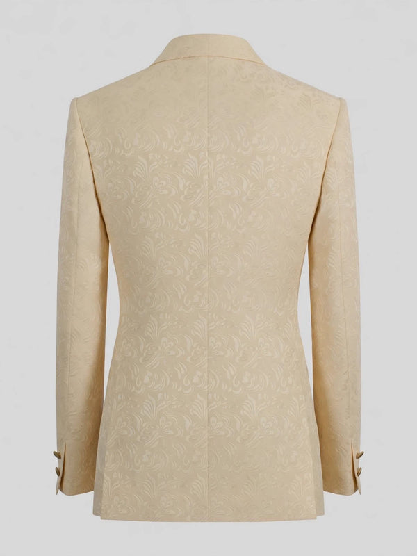 Champagne Paisley-Jacquard Gold Satin Peak-Lapel Six-Button Double-Breasted Tuxedo Jacket 09