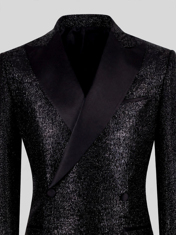 Onyx Silver-Speckle Satin Peak-Lapel Two-Button Double-Breasted Tuxedo Jacket 08