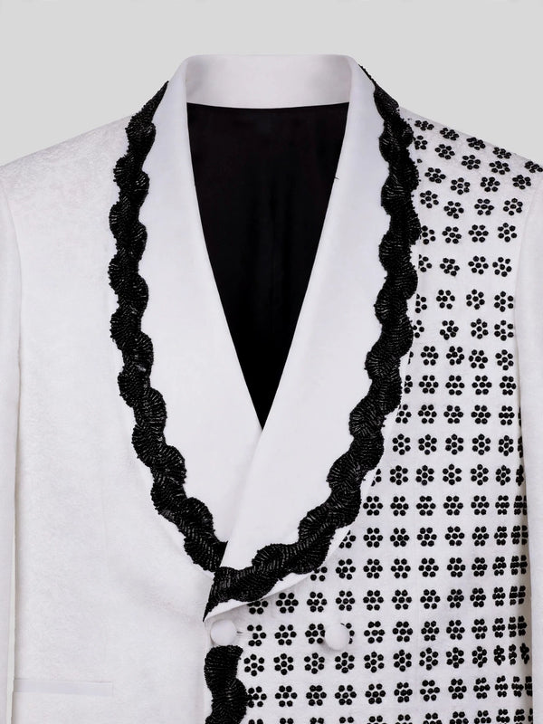 Ivory Jet Floral-Grid Scalloped Shawl-Collar Double-Breasted Tuxedo Jacket 08