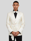 Ivory Cream Micro-Weave Satin Shawl-Collar Belted Double-Breasted Tuxedo Jacket 05