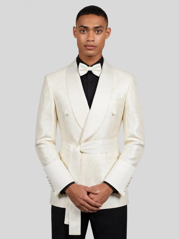Ivory Cream Micro-Weave Satin Shawl-Collar Belted Double-Breasted Tuxedo Jacket 05