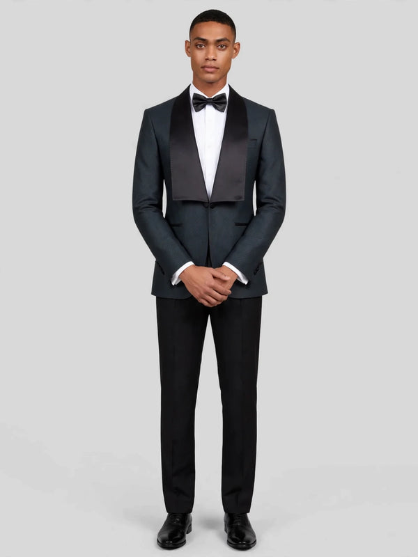 Slate Grey Diamond-Texture Satin Shawl-Collar Tuxedo Jacket 02