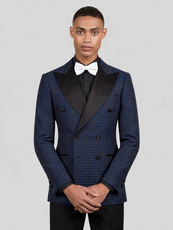 Navy Black Houndstooth Satin Peak-Lapel Double-Breasted Tuxedo Jacket 05