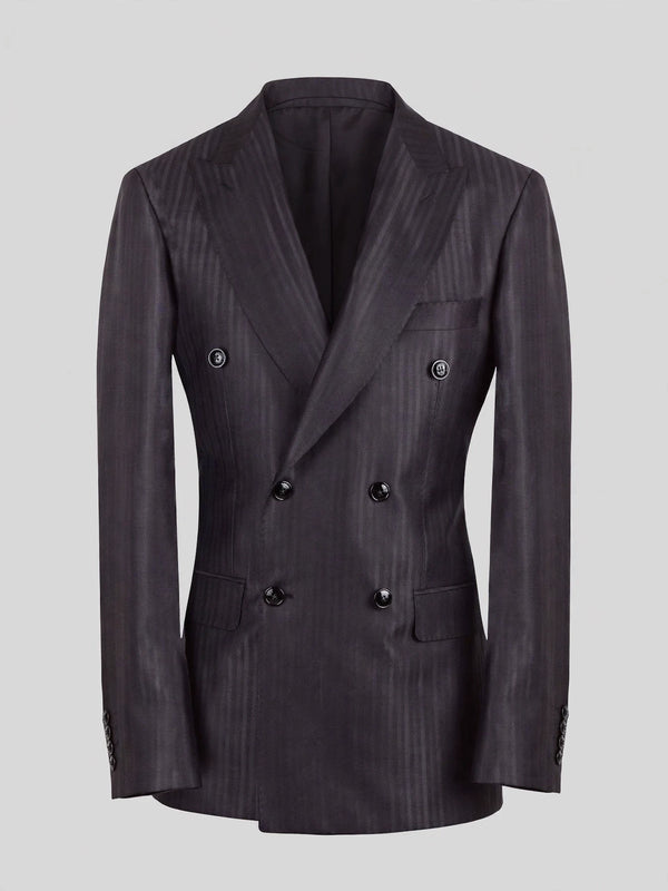 Charcoal Shadow-Stripe Six-Button Peak-Lapel Double-Breasted Suit Jacket 07