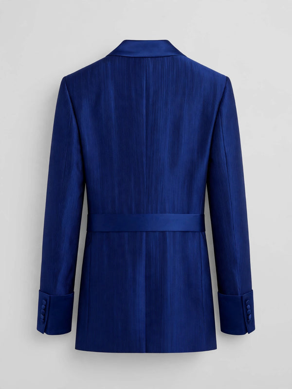 Royal Blue Ribbed-Weave Satin Shawl-Collar Sash-Belt Two-Button Double-Breasted Tuxedo Jacket 09