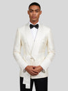 Ivory Cream Micro-Weave Satin Shawl-Collar Belted Double-Breasted Tuxedo Jacket 02