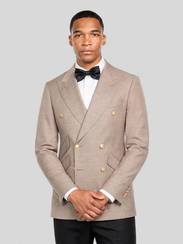Taupe Gold-Button Slant-Flap Peak-Lapel Double-Breasted Suit Jacket 02