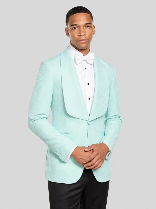 Mint Aqua Textured Shawl-Collar Tuxedo Jacket 03